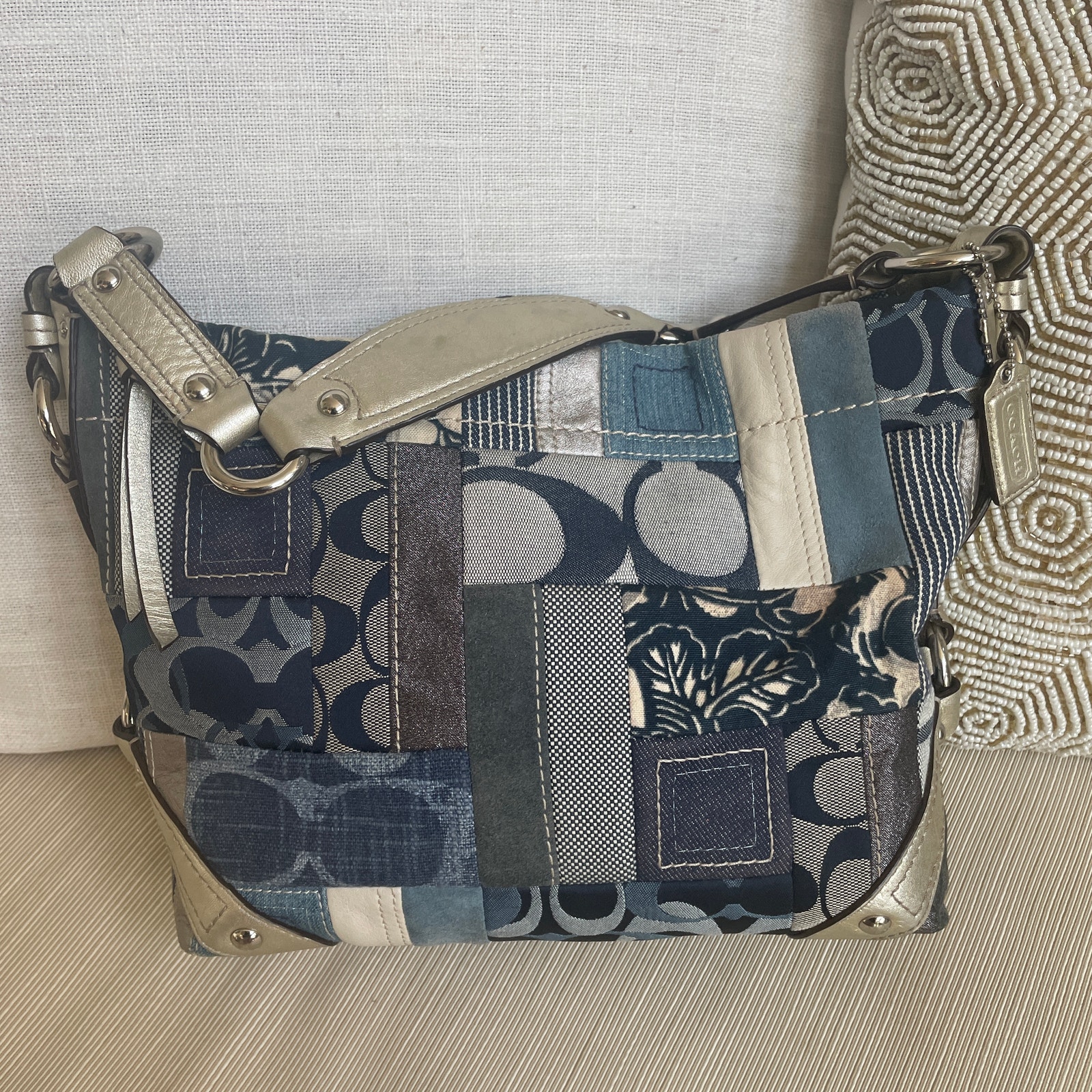 Rare Coach Signature Denim Patchwork Hobo F13721 Blue Multi Y2k Shoulder Bag
